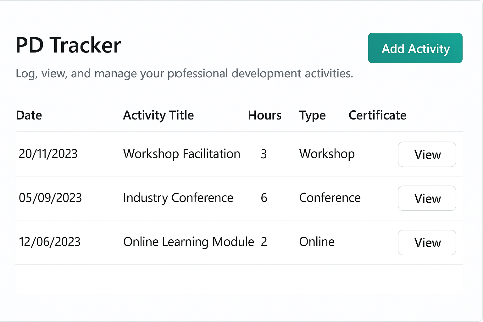 Professional development tracker preview